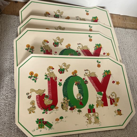 Set Of 4 Vintage Vinyl Christmas Placemats “Joy” Goose, Turtle, Mouse Town & C - Picture 1 of 5